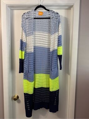 WISPR - Open Knit Long Stripe Cardigan - Light Blue, White & Neon